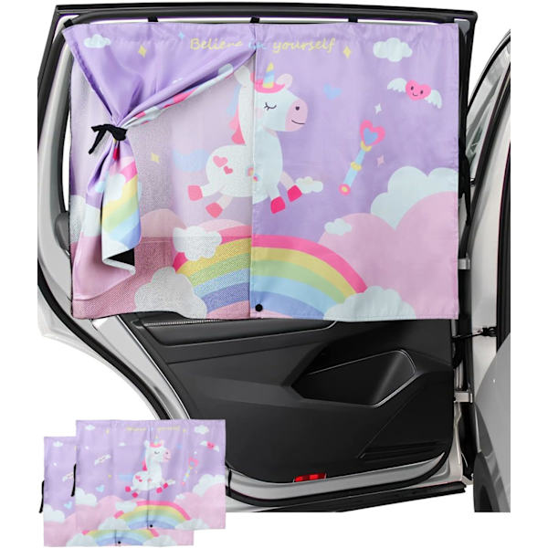 Solskydd för bilfönster, 2-pack, UV-skydd, dubbellager, magnetiskt solskydd med full/halv öppning, rosa enhörning för barn