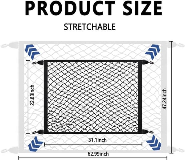 Elastisk bagasjenett til bil, 100×60cm, med karabinkrok og ABS-kroker.