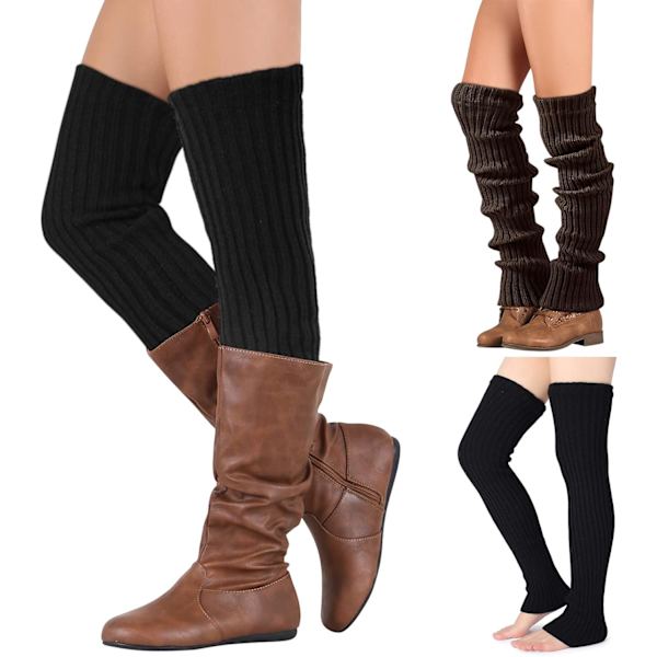 2 Par Lange Vinter Beinstøtter for Kvinner - Heklede Mansjetter for Jenter, Stilig Strikket Beskyttelse for Støvler, Mørkebrun og Svart Dark brown + black