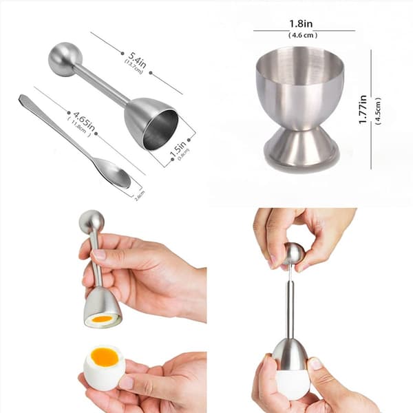 5-delt eggåpnersett i rustfritt stål, inkluderer en skje og eggekopp for håndtering av bløtkokte og hardkokte egg, sølv.