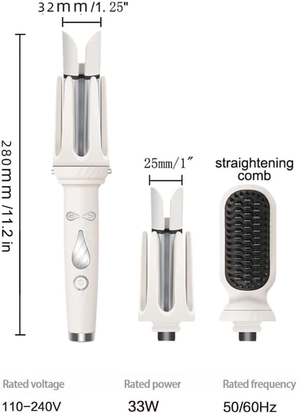 Multifunksjonell krølltang og rettetang, 2,5 cm + 3,2 cm utskiftbare sylindre, hvit.