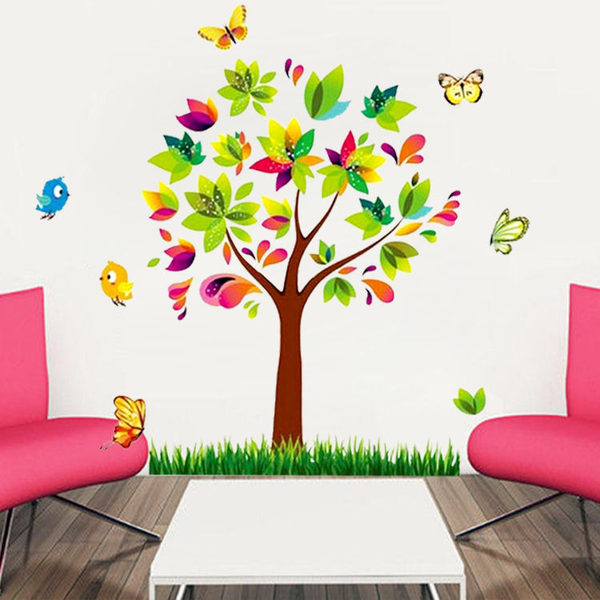 Regnbåge träd med fåglar vägg klistermärke flerfärgad