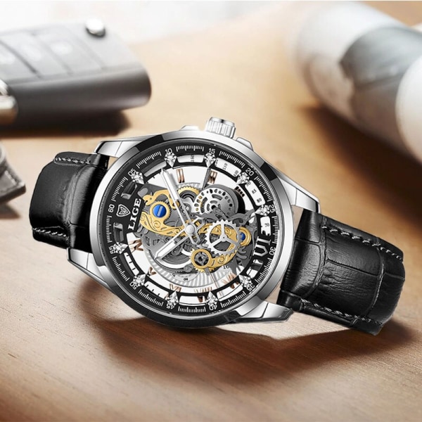 LIGE Toppmärke Lyx Herrklockor Läderarmband Mode Business Quartz Watch för män Vattentät Casual Sport Man Chronograph Gold