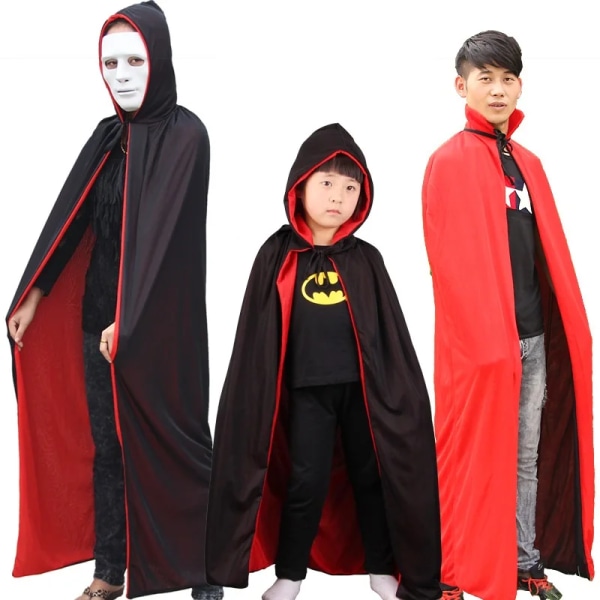 Vampyrhäxa Long Cape Halloween-kostymer för kvinnor Män Vuxna Barn Barn Pojkar Flickor Röd Svart Medeltida kappor Huvkappa B-sliver Length 80 cm
