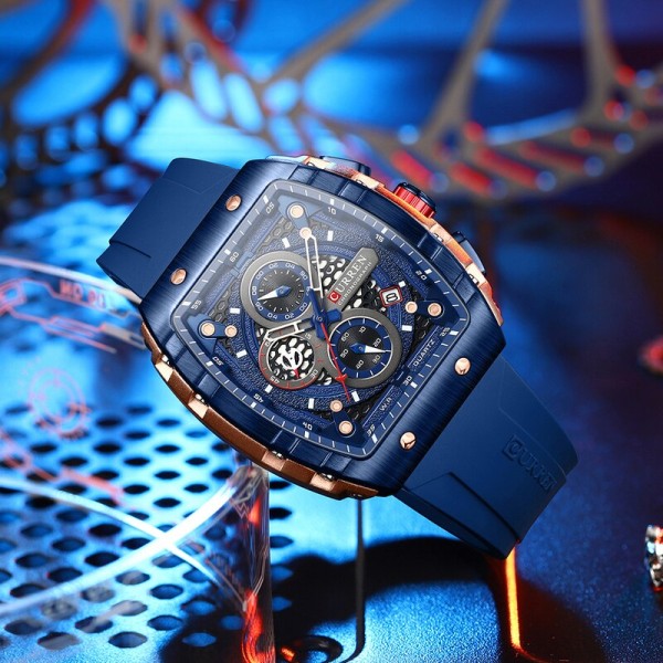 Sport Chronograph Quartz Watch för män Mode blå silikonrem Tonneau Dial  Armbandsur med datum 3atm Vattentät WE 2593 | WE | Fyndiq