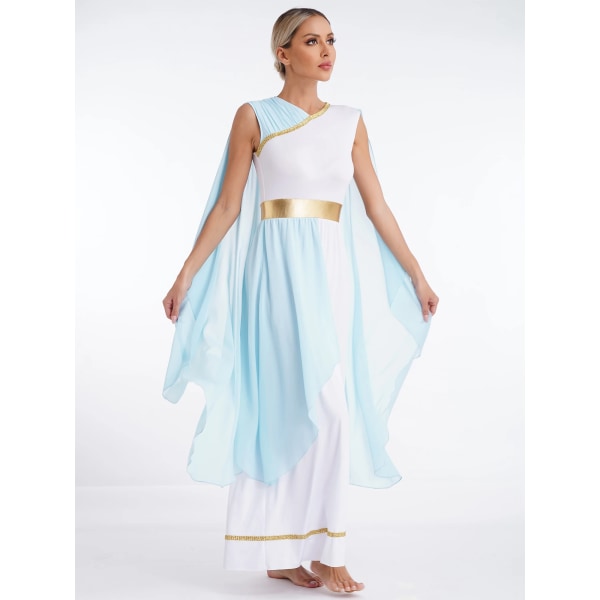 Kvinnors Halloween grekiska Beaty Cosplay Kostymer Chiffong Cap Ärm Guldkanter Ancient Toga Grekland Roman Queen Dress Up Klänning Champagne M