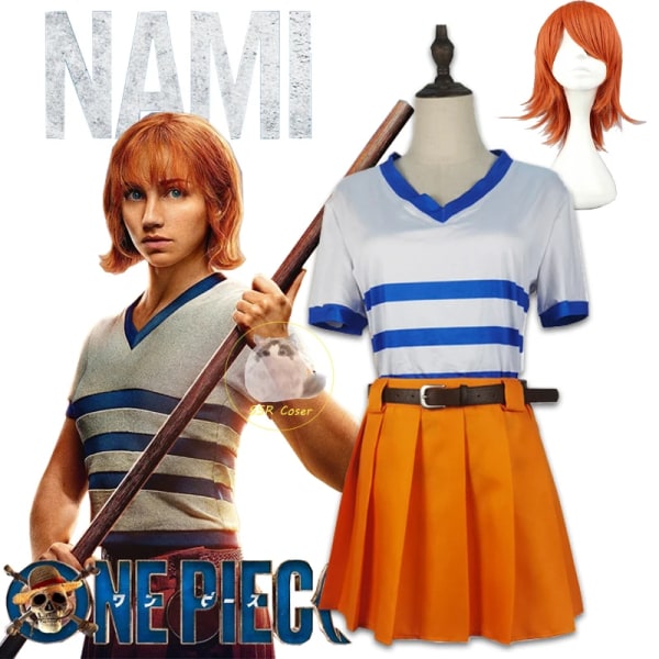 Filmer One Piece Anime Nami Cosplay Kostym Nami Uniform Skjorta Kjol Nami Peruk Halloween Party Performance Kläder Dam 1pc wig XL