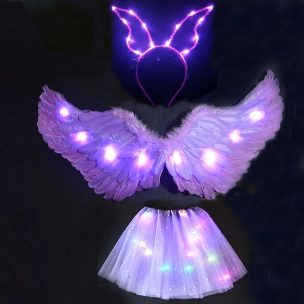 Kvinnor Girl Angel Light Up Tutu-kjol Pannband Glow Feather Wing Cosplay Födelsedag-svart ängel pannband black angel headband One size for all