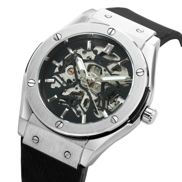VINNARE Automatisk mekanisk watch för män Gummiband Skeletturtavla Manklocka Militärsportstil Armbandsur Dropshipping BOX RG WHITE