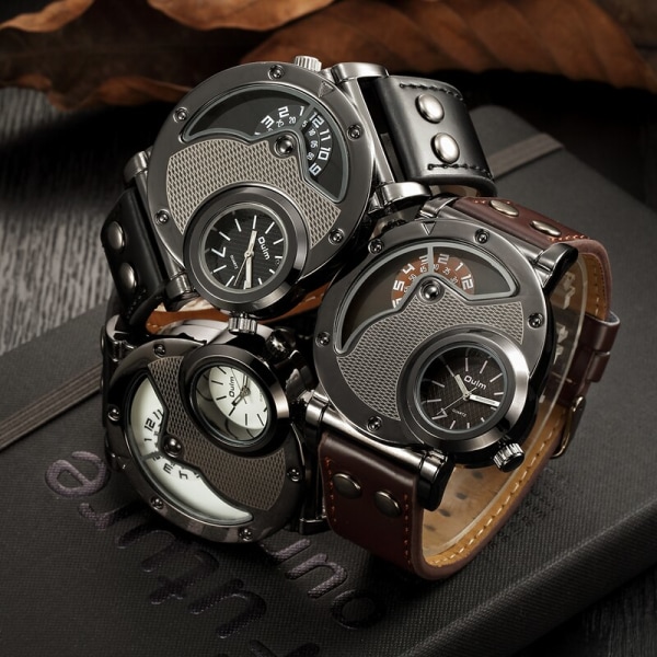 Oulm Dual Time Sports Armbandsur Military Army Herr Casual PU-läderrem Antik Designer Quartz Watch Manklocka 3