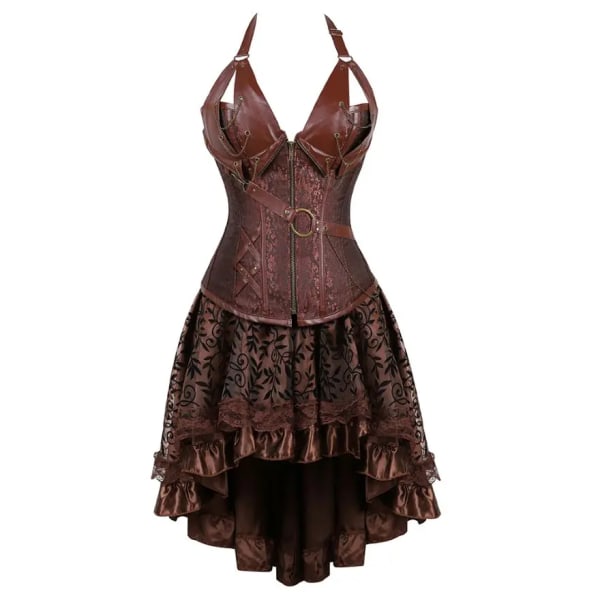 Gotisk Steampunk Korsettklänning för kvinnor Piratkostym PU-läderkorsett Bustier Underkläder Topp med asymmetrisk blommig spetskjol Set 8105brown XXXL