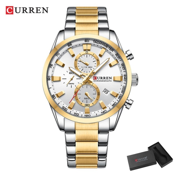 Casual Sportigt märke Armbandsur i rostfritt stål för män Nya Chronograph Quartz-klockor med datum 8445 gold white box