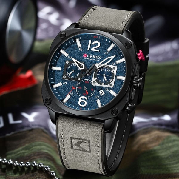 Märke Lyx Herr Brun Quartz Armbandsur för män Lysande Chronograph Dial Läderklocka Casual Watch gray blue box