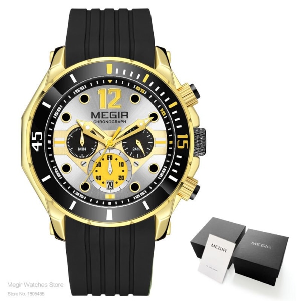 MEGIR Chronograph Klockor för män Mode Militär Sport Silikon Armbandsur med Auto Date Vattentät Quartz Watch часы Gold Black-Box