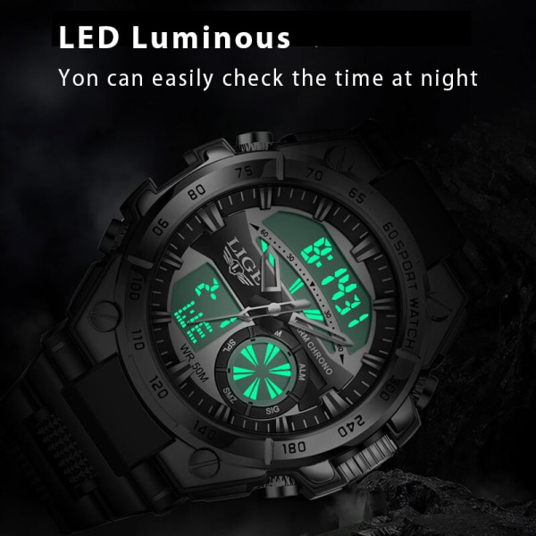 Toppmärke LIGE Mode Watch För män Digital Dual Display Quartz Manklockor LED Lysande Vattentät Militär Armbandsur Black