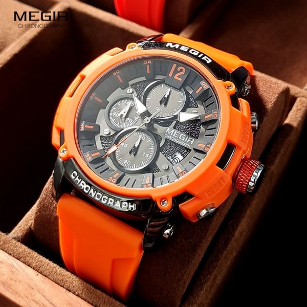MEGIR Orange Sportklockor för män Mode Vattentät Lysande Chronograph Quartz Armbandsur med Auto Date Silikonrem 2208 Green-Box
