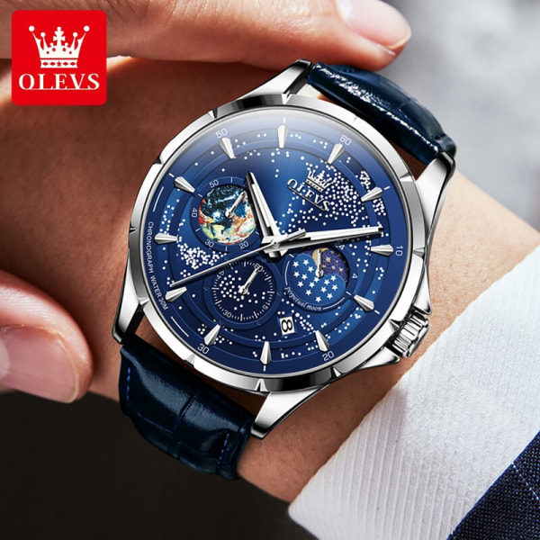 OLEVS Original Quartz Watch för män Starry Sky Date Moon Phase Lysande vattentät läderrem Business Herr Quartz Watch blue5538