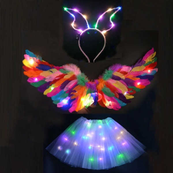 Kvinnor Tjej Ängel Light Up Tutu-kjol Pannband Glow Feather Wing Cosplay Födelsedag-färger set colors set M