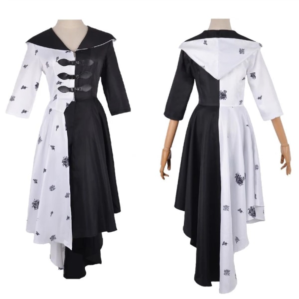 Cruella De Vil Cosplay Dräkt Kvinnor Klänning Svart Vit Maid Klänning Med Handskar Luvtröja Kjol Peruker Outfits Halloween Party Cos Kostymer CruellaDeVil3 XL