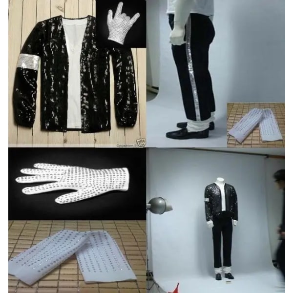 Professionell! 5 st Michael Jackson Billie Jean Cospplay Herr Barn Halloween kostym MJ Jacka+byxa+strumpor+handske+hatt 7T