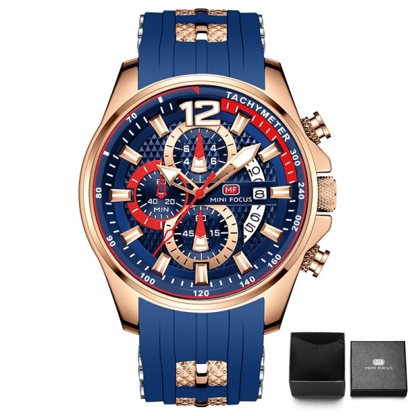 MINI FOCUS Röd watch för män Mode Lyx Chronograph Quartz Armbandsur med silikonband Lysande visare Datum Vattentät 0350 0350Rose blue-Box