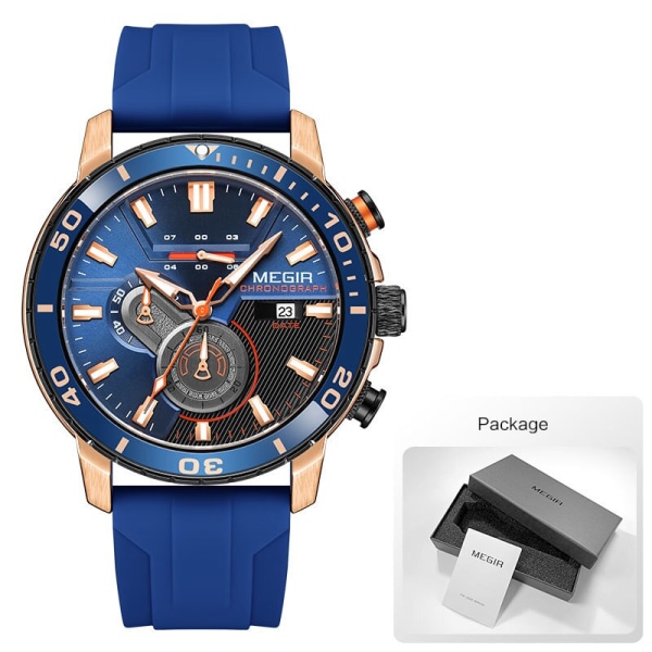 MEGIR Orange Watch för män Mode Vattentät Silikonrem Chronograph Quartz Armbandsur med Auto Date Lysande visare Blue-Box