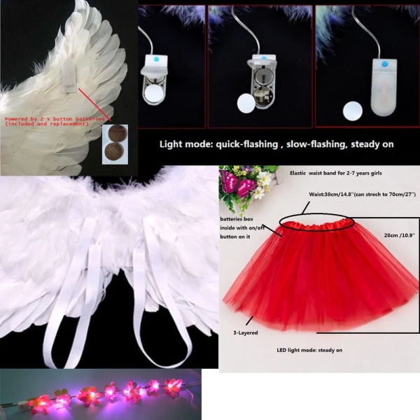 Kvinnor Girl Angel Light Up Tutu-kjol Pannband Glow Feather Wing Cosplay Födelsedag-blå lila set blue purple set S