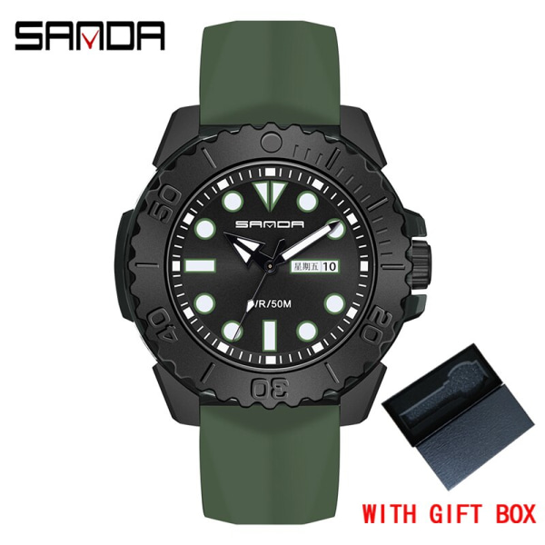 SANDA Brand Luxury New Herr Silikon Watch 50M Vattentät Datumkalender Business Quartz Klockor Relogio Masculino dark green
