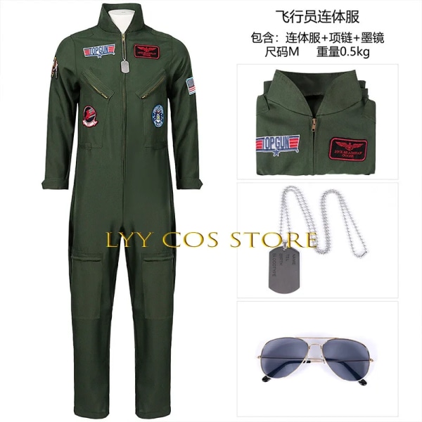 Film Top Gun Cosplay Anime American Airforce Green Uniform Jumpsuits Halsband Glasögon Set Halloween Party Outfit för Kvinnor Män set 140