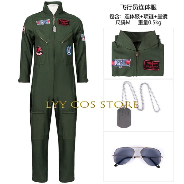 Film Top Gun Cosplay Anime American Airforce Green Uniform Jumpsuits Halsband Glasögon Set Halloween Party Outfit för Kvinnor Män set XXL