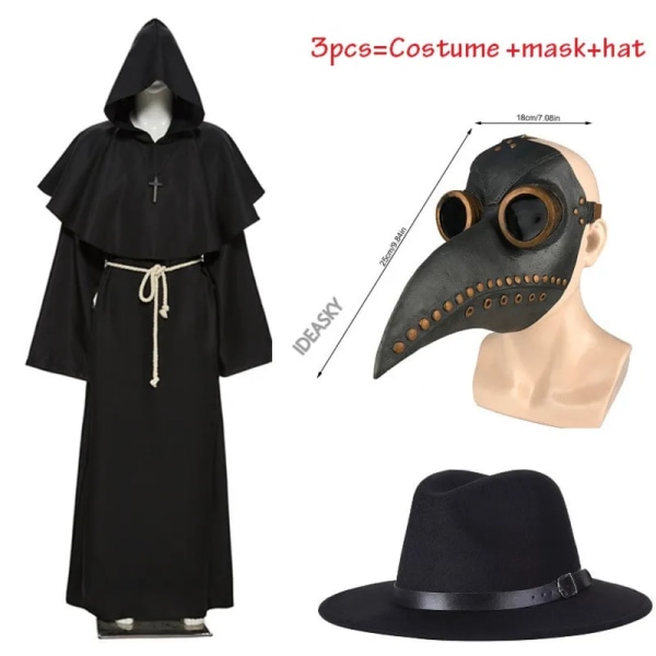 Halloween medeltida huva dräkt pest läkare kostym mask hatt för män Monk Cosplay Steampunk Priest skräck Wizard Cloak Cape blue costume XL height 180-185cm