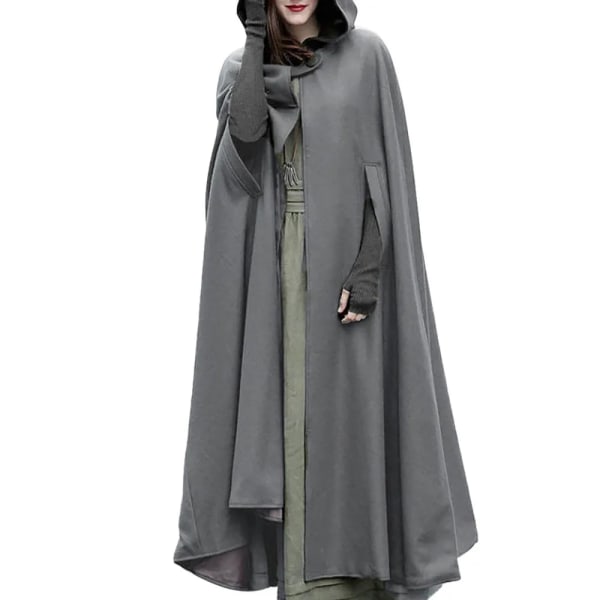 ZANZEA Dam Poncho Vinter Huva Öppen Front Kappa Lös Solid Lång Kappa Huvtröjor Cosplay Ytterkläder Jul Casual Cape gray L