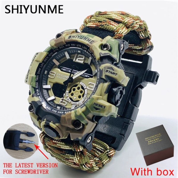 SHIYUNME Watch med kompass Vattentät herrsportklocka herr LED-kvarts watch med dubbla displayer Relogio Masculino Khaki With box