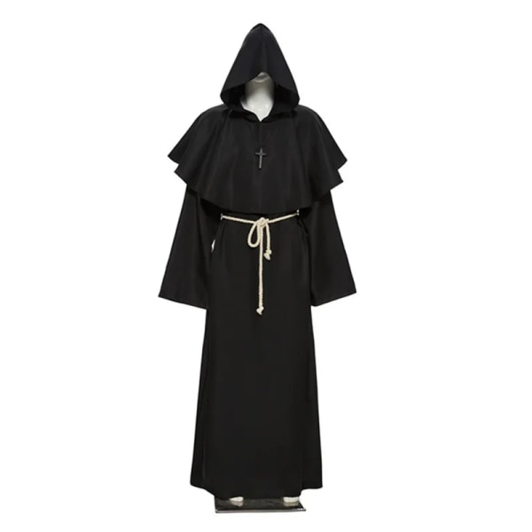 Medeltida munkkyrka Prästdräkt Cosplay för män Häxapräst Hooded Cowl Klänning Sjal Cape Christian Cloak Halloween Outfit Vuxen black S