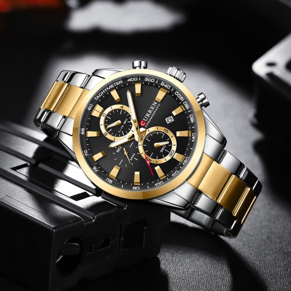 Casual Sportigt märke Armbandsur i rostfritt stål för män Nya Chronograph Quartz-klockor med datum 8445 gold black