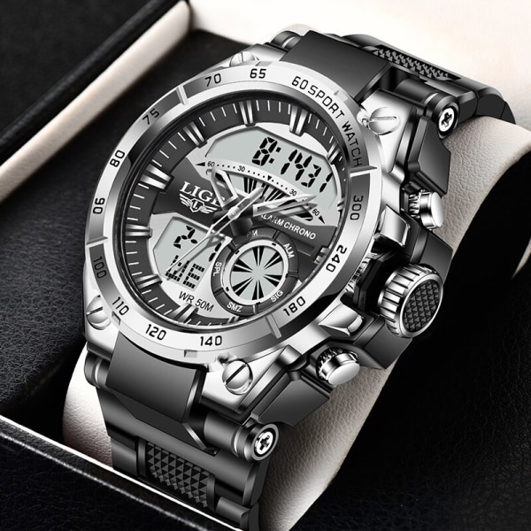 Toppmärke LIGE Mode Watch För män Digital Dual Display Quartz Manklockor LED Lysande Vattentät Militär Armbandsur Silver black
