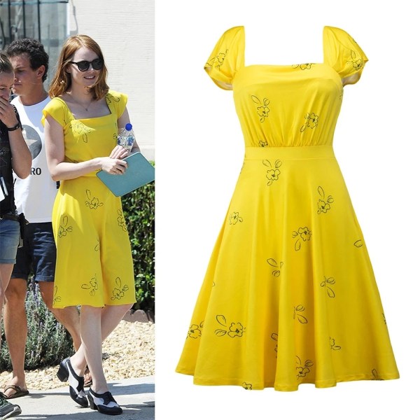 La La Land Emma Stone Mia Cosplay Kostymer Gul Elegant Dam Skönhet Kvinnor Långa Festklänningar Sommarstil Vuxna Klänningar Yellow Dress L