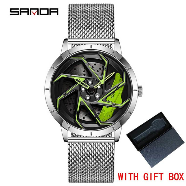 Mode Hot Sell Bilfälg Herr Klockor Rostfritt stål Vattentät watch 360 graders roterande hjul Fälgskiva Quartz Armbandsur Mesh sr green box