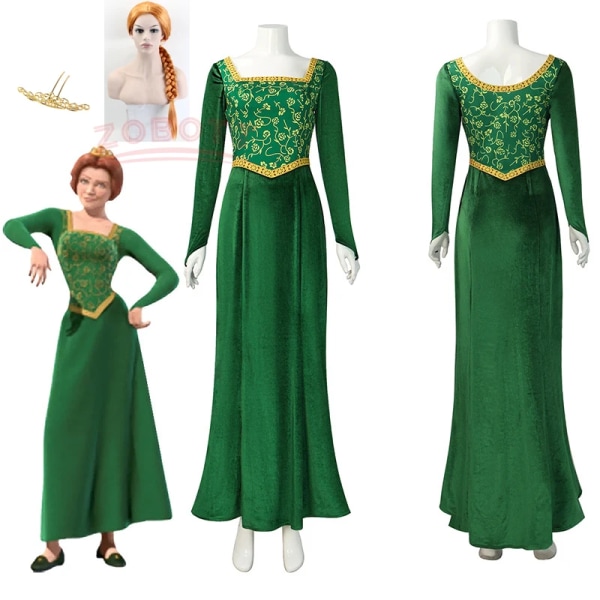 Shrek Cosplay Kostym Prinsessan Fiona Klänning Halloween Fancy Green Dress Fantasy Party Kostym Rollspel för vuxen kvinna förklädnad Costume XXXL