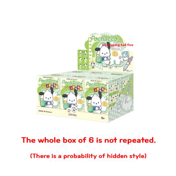 Original Sanrio Pochacco School Is Fun Series Blind Box Supersöt modeleksak Actionfigur Kontorsmodell Dockor Överraskningspresent Full Set 6PCS