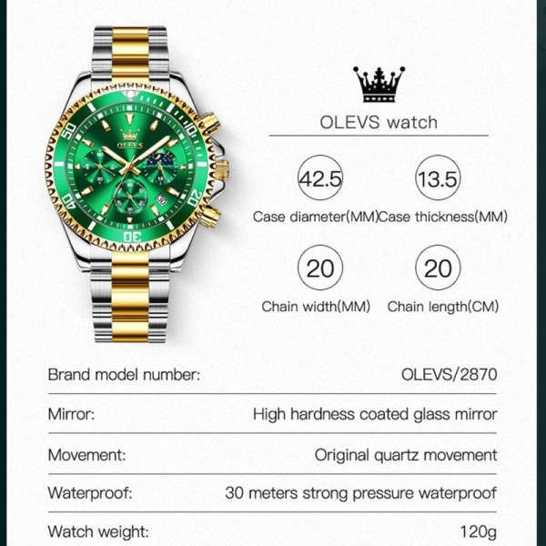 OLEVS Watch Rostfritt stål Vattentät Lysande Affärsmode Lyx Watch Datum Månfas Kvartsklockor för män full balck 2870