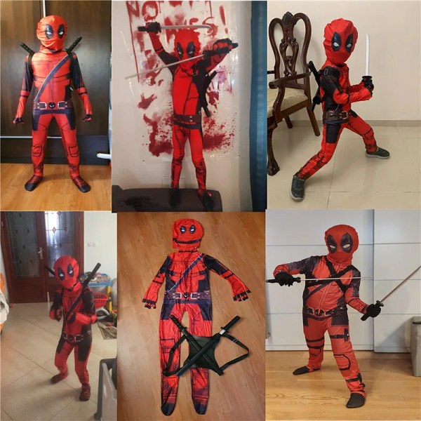 Deadpool Kostym Superhjälte Cosplay Kostymer Superhjälte Barn Bodysuit 3D stil Halloween Cosplay Kostymer Svärdpåse 3 140CM