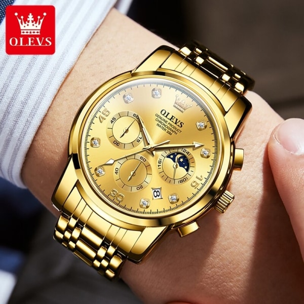 OLEVS Original Watch Quartz Chronograph Månfas Datum Lysande Vattentät Lyx Business Armbandsur Quartz Watch for Herr gold black 2889