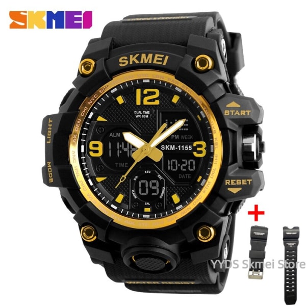 SKMEI 1155 Digital watch för män Mode Sport Herrarmbandsur Klocka Utomhus Vattentät Militär Stora Elektroniska Klockor för män gold with strap