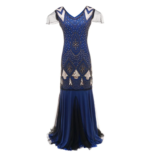 Kvinnor 1920-tal Gatsby-klänning 20-tal Vintage V-ringad paljetter Pärlor Maxi Cocktailparty Flapper Klänning Mesh Balklänning Långa Eleganta Klänningar blue gold L