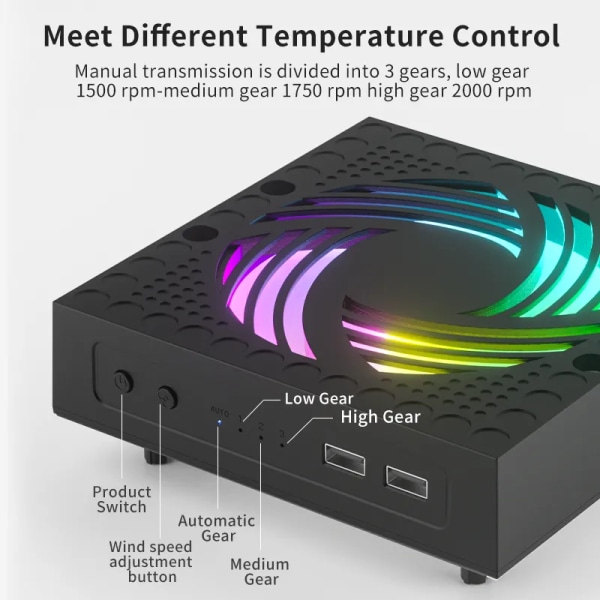 RGB färgglad kylfläkt för Xbox Series X värdkonsol Justerbar vindhastighet Värmeavledningsfläkt med USB laddningsport RGB Fan and Hooks