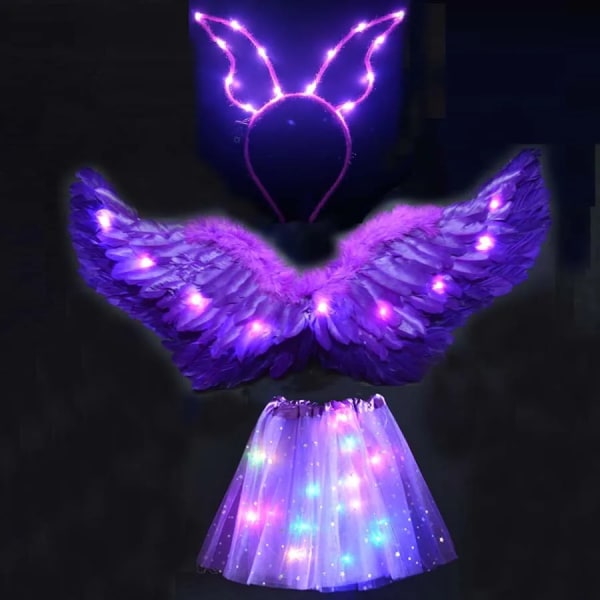 Kvinnor Girl Angel Light Up Tutu-kjol Pannband Glow Feather Wing Cosplay Födelsedag-blå lila set blue purple set M