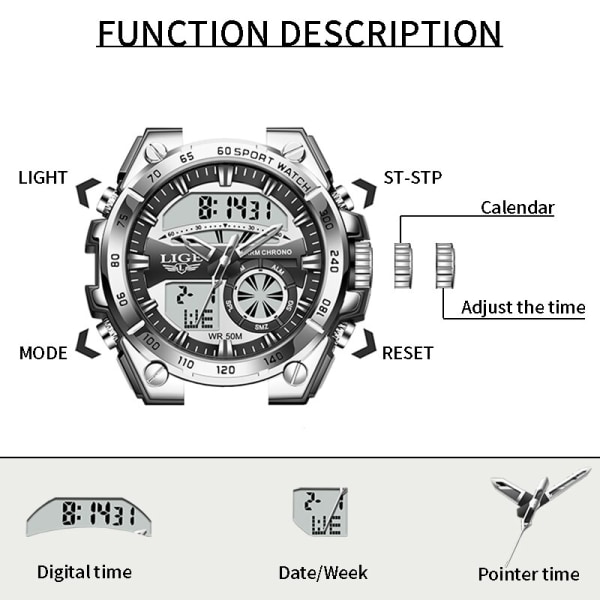 Toppmärke LIGE Mode Watch För män Digital Dual Display Quartz Manklockor LED Lysande Vattentät Militär Armbandsur Gold black