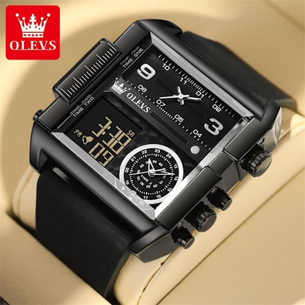 OLEVS Original Herr Smart Elektroniska Klockor Läderrem Vattentät Digital Watch 51*47mm Big Dial Armbandsur Sportklocka All Black-HPHM