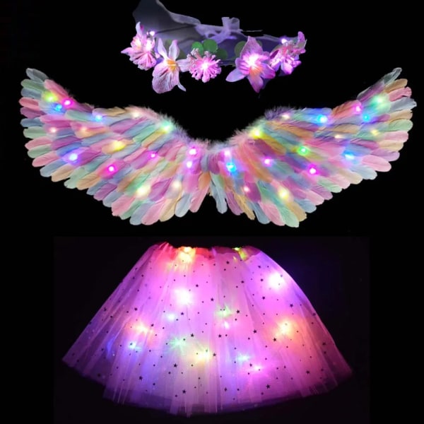 Flicka Kvinnor Ängel Blomma Fe Dräkt Ljus Tutu Led-kjol Glow Wreath Feather Wing-set 10 set 10 for teenage or women